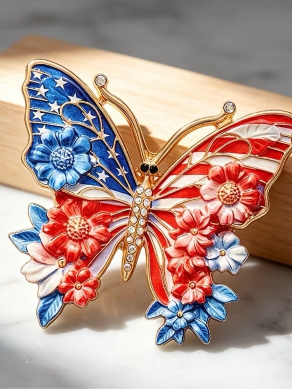Patriotic American Flag Butterfly Brooch with Red, White & Blue Enamel